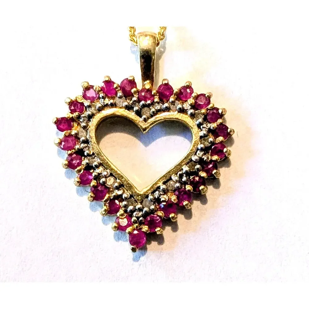 Sterling Silver 925 PAS Heart Pendant Necklace Red Stones Gold Tone 18 Inch